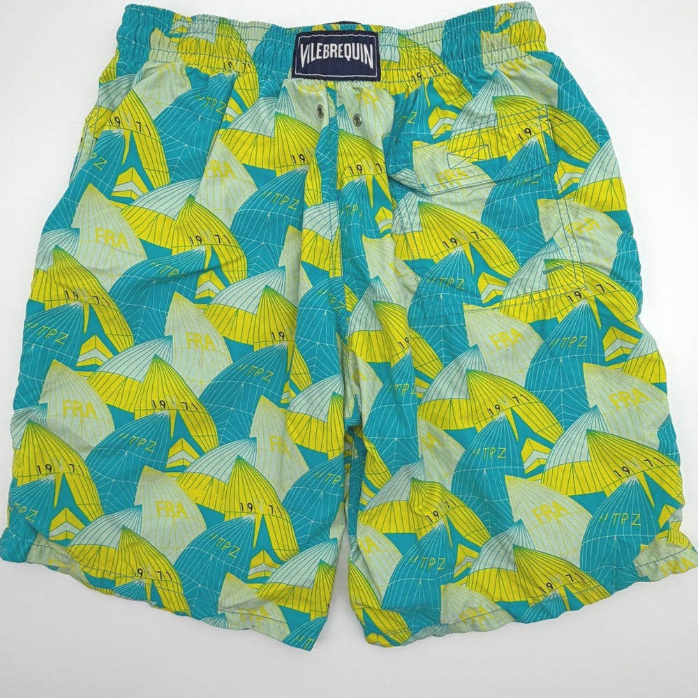 Vilebrequin Moorea Swim Trunks Mens Large Yellow Teal Sail Print Board Shorts